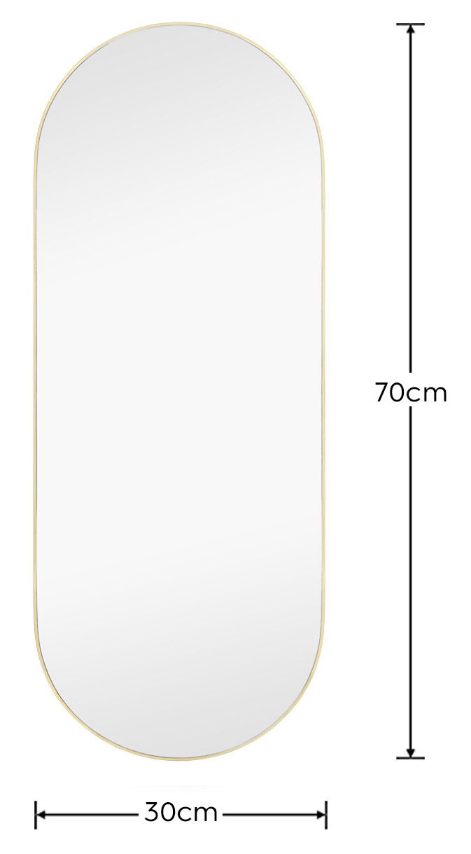 Ovaler Spiegel mit goldfarbenem Rahmen, Maße 30x70 cm, frontal abgebildet.