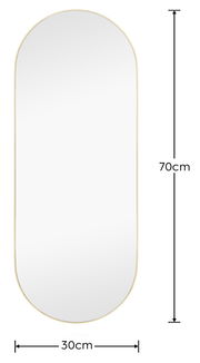 Ovaler Spiegel mit goldfarbenem Rahmen, Maße 30x70 cm, frontal abgebildet.