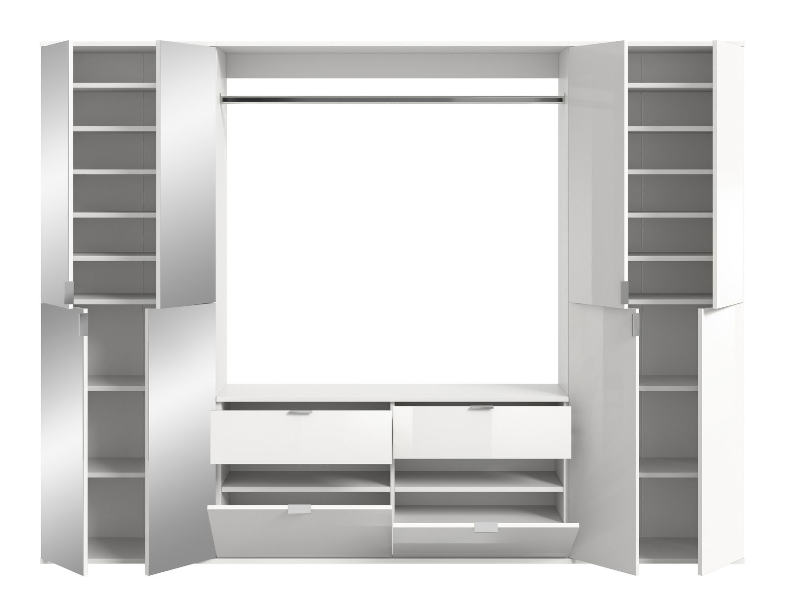 Frontale Ansicht einer weißen Garderobenkombination mit mehreren Schränken, Regalen und Schubladen.