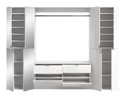 Frontale Ansicht einer weißen Garderobenkombination mit mehreren Schränken, Regalen und Schubladen.