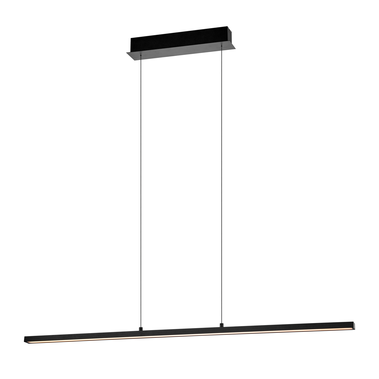 Zwarte, minimalistische LED-hanglamp met een lange, slanke lichtbundel en twee ophangkabels, afgebeeld op een witte achtergrond, vooraanzicht licht van onderaf