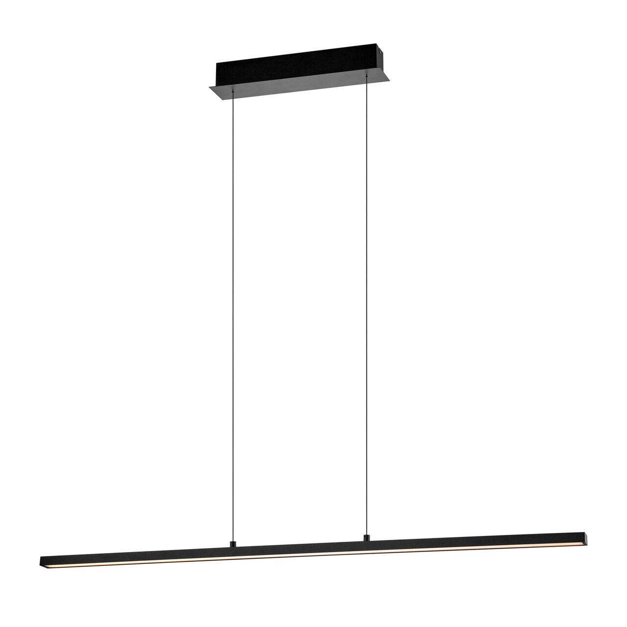 Zwarte, minimalistische LED-hanglamp met een lange, slanke lichtbundel en twee ophangkabels, vrijstaand tegen een witte achtergrond, vooraanzicht licht van onderaf