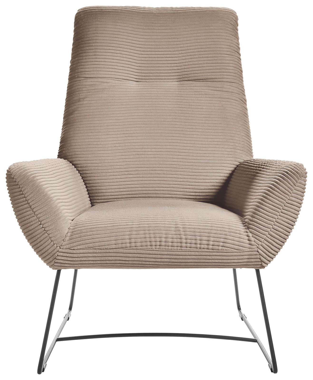 Moderner Sessel mit beigem, geripptem Stoffbezug und schlanken Metallbeinen, Frontalansicht.