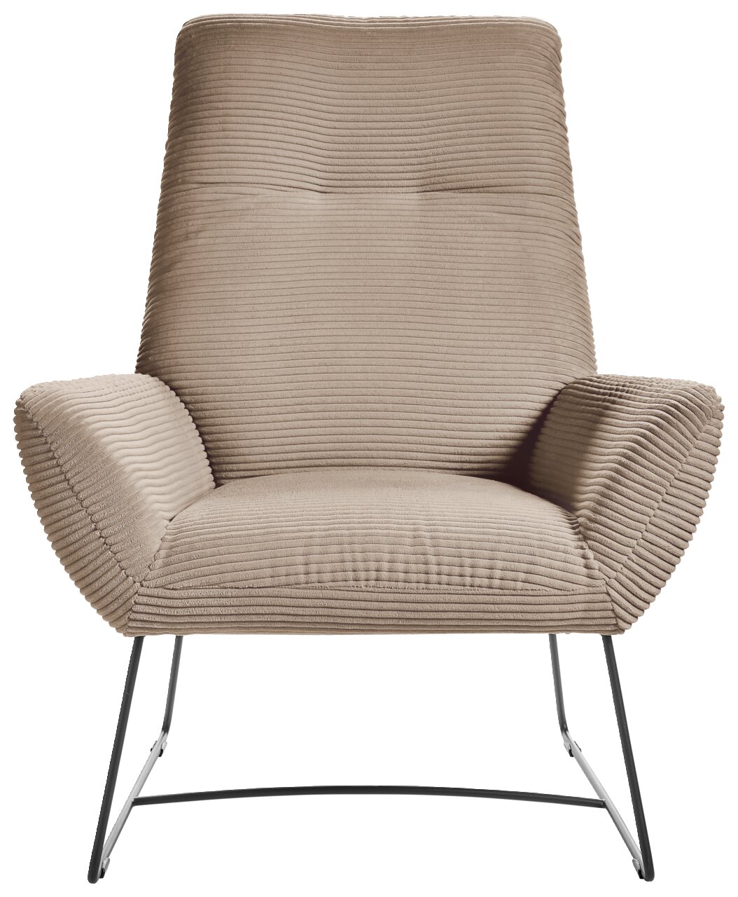 Moderner Sessel mit beigem, geripptem Stoffbezug und schlanken Metallbeinen, Frontalansicht.