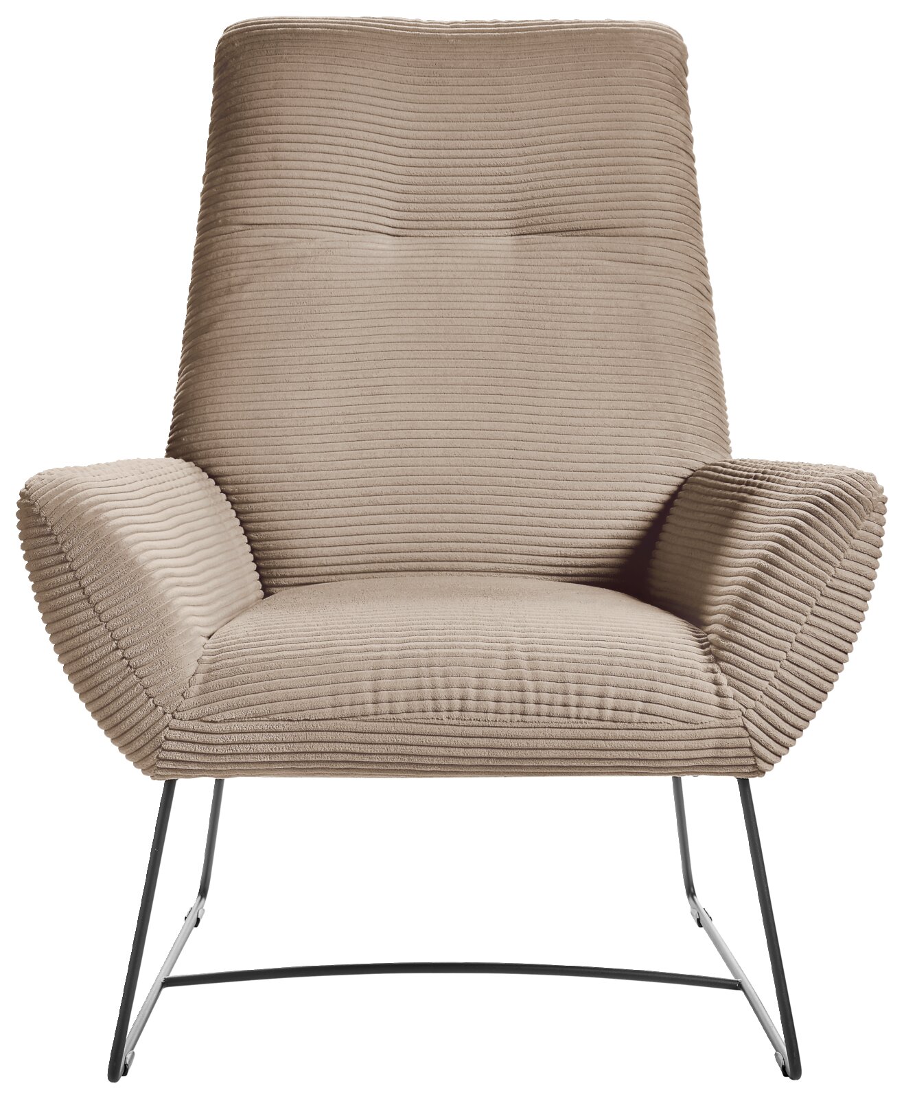 Moderner Sessel mit beigem, geripptem Stoffbezug und schlanken Metallbeinen, Frontalansicht.