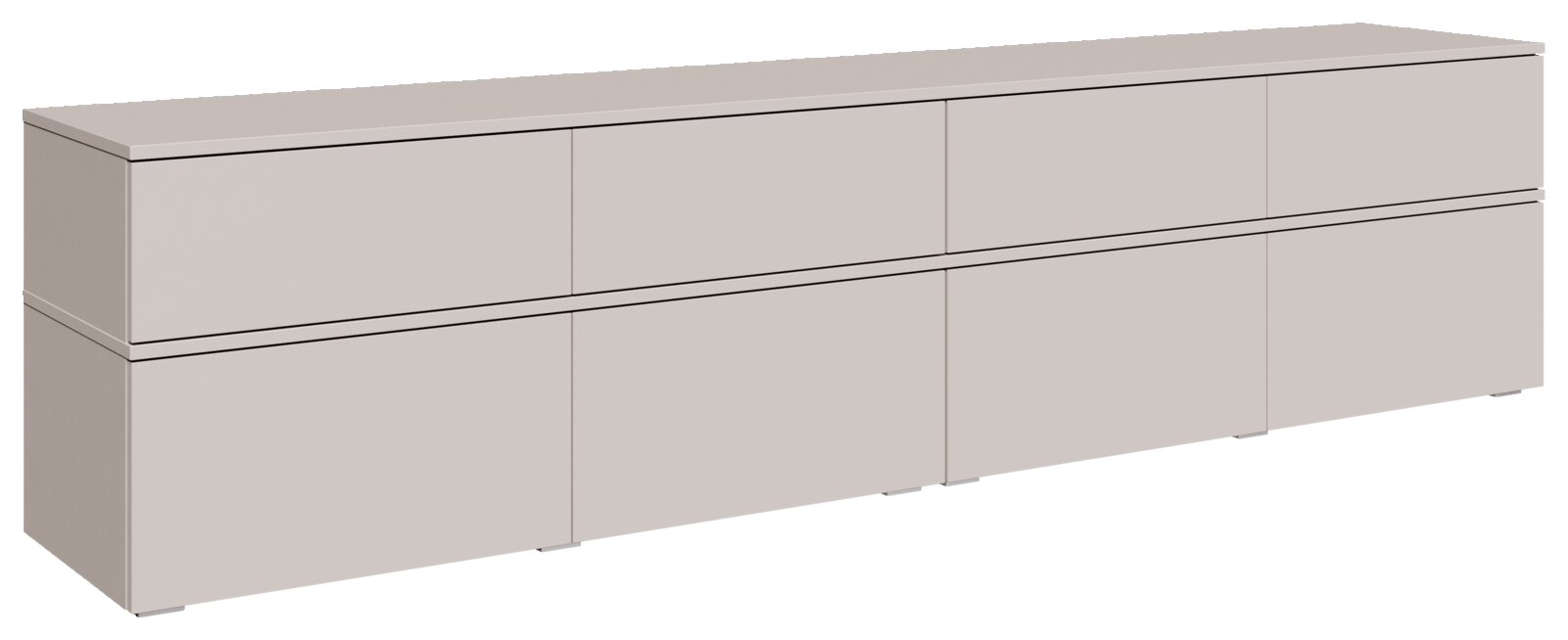 Modernes, griffloses Sideboard in Hellgrau/Beige mit zwei Reihen Fronten und klaren Linien, freigestellt auf weißem Hintergrund, Perspektive: 3/4-Ansicht von vorne links.
