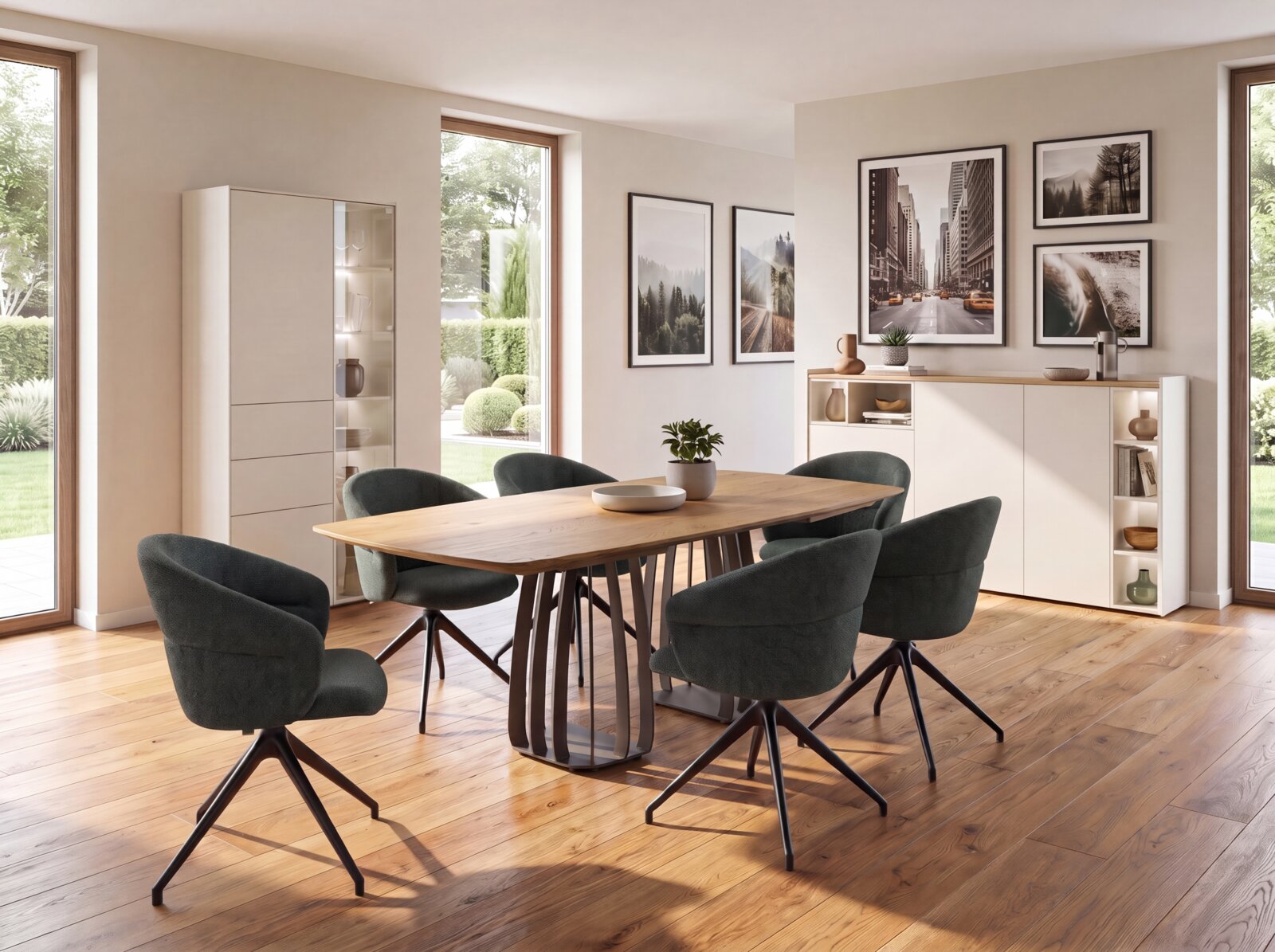 Moderne eetkamer met rechthoekige houten eettafel en zes donkergrijze draaistoelen op metalen poten, gefotografeerd in een lichte ruimte vanuit een schuine vooraanzicht-perspectief.