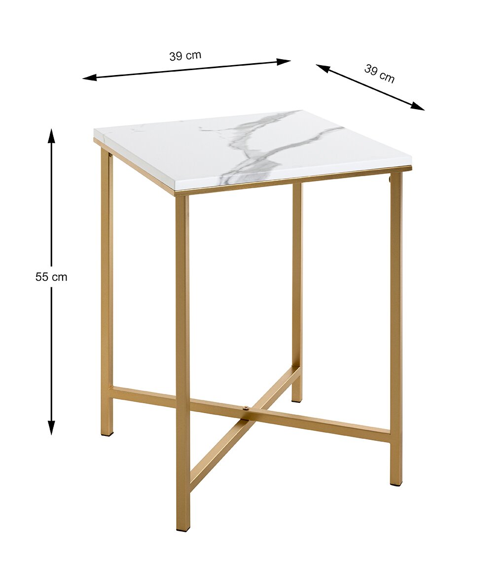 Quadratischer Beistelltisch mit weißer Marmoroptik-Tischplatte und goldfarbenem Metallgestell, Maße ca. 39 x 39 x 55 cm, schräg von vorne oben fotografiert.