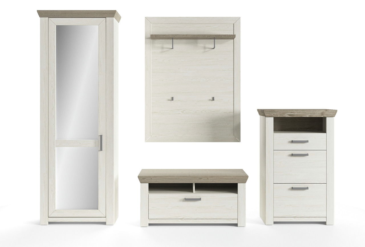 Garderoben-Set in heller Holzoptik, bestehend aus einem Garderobenschrank mit Spiegel, einem Garderobenpaneel mit Haken, einer Bank und einem Schuhschrank, frontal abgebildet.