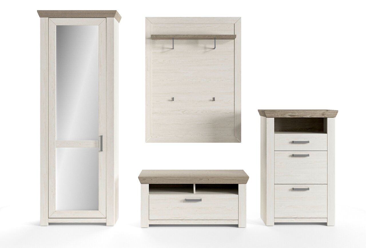 Garderoben-Set in heller Holzoptik, bestehend aus einem Garderobenschrank mit Spiegel, einem Garderobenpaneel mit Haken, einer Bank und einem Schuhschrank, frontal abgebildet.