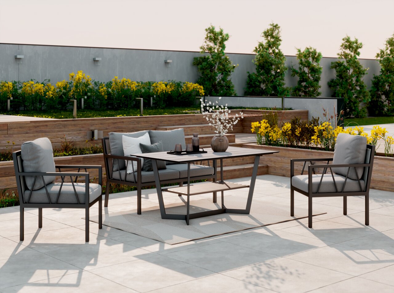 Amatio Pro Gartenbank 2er ZAMORA Garten-Lounge-Set mit zwei Sesseln, einem Tisch und einem Sofa auf einer Terrasse, seitliche Perspektive
