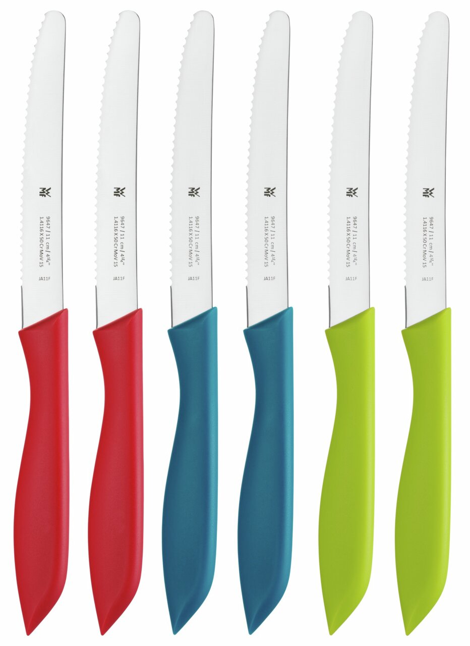 Sechsteiliges Vespermesser-Set mit bunten Griffen in Rot, Blau und Grün, von vorne betrachtet.