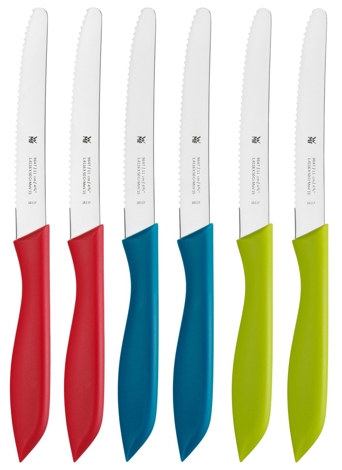 WMF Vespermesser-Set 6-tlg. Sechsteiliges Vespermesser-Set mit bunten Griffen in Rot, Blau und Grün, von vorne betrachtet.