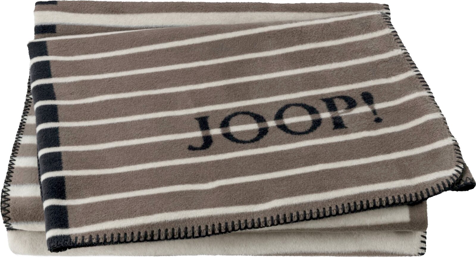 JOOP! Wohndecke 150 x 200 cm Gefaltete JOOP! Wohndecke/Decke in Taupe mit weißen Querstreifen und dunkler Ziernaht am Rand, Produktansicht leicht schräg von oben