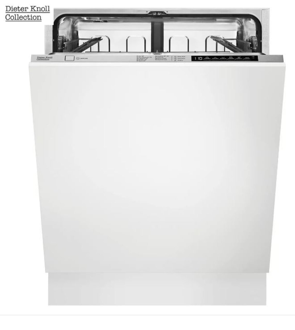 Vorderansicht eines eingebauten Geschirrspülers der Dieter Knoll Collection mit geöffneter Tür und sichtbarem Innenraum.
