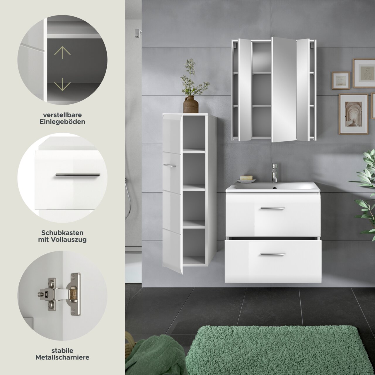 Modernes weißes Badezimmermöbel-Set mit Waschtischunterschrank (Schubladen), Hochschrank und Spiegelschrank, Türen geöffnet; Perspektive: frontale Ansicht auf Augenhöhe.