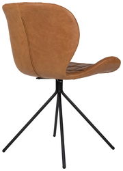 Rückansicht eines modernen Stuhls mit braunem Lederbezug und schwarzem Metallgestell.