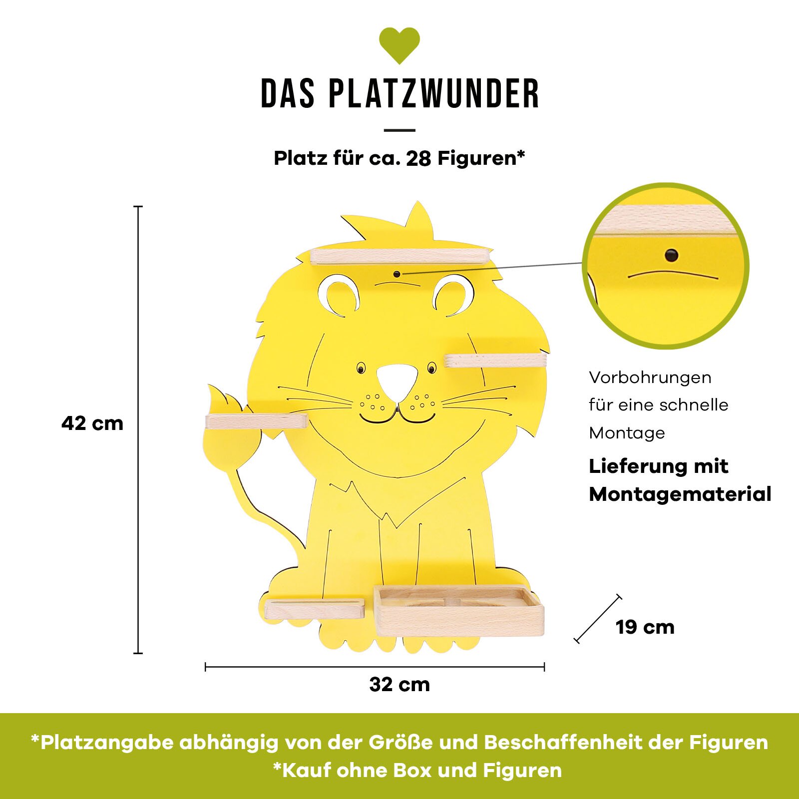 Frontansicht eines gelben, löwenförmigen Wandregals/Displayhalters aus Holz mit mehreren Ablagen und Box, ca. 42 cm hoch und 32 cm breit, Tiefe ca. 19 cm, mit Vorbohrungen und Montagematerial, Platz für ca. 28 Figuren