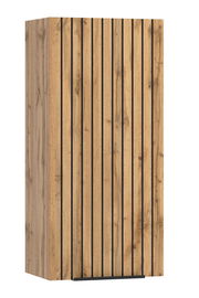 Hängeschrank aus Holz mit vertikalen schwarzen Streifen, seitliche Perspektive