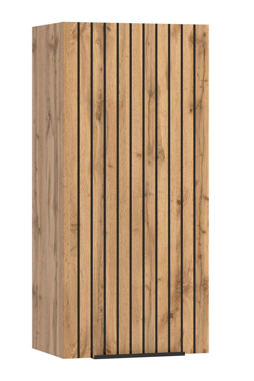 Hängeschrank aus Holz mit vertikalen schwarzen Streifen, seitliche Perspektive