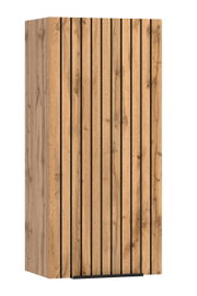 Hängeschrank aus Holz mit vertikalen schwarzen Streifen, seitliche Perspektive
