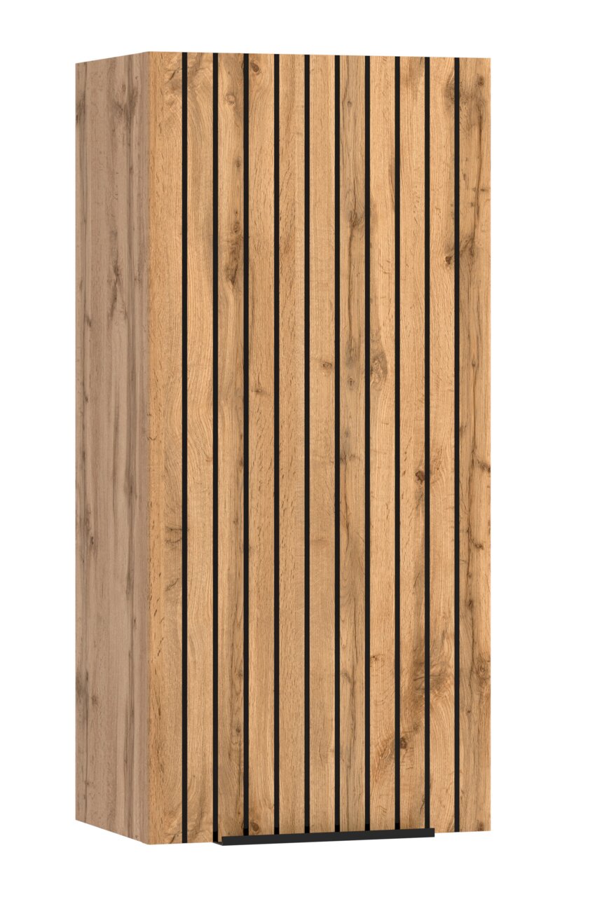 Hängeschrank aus Holz mit vertikalen schwarzen Streifen, seitliche Perspektive