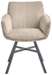 Beiger Armlehnstuhl mit geripptem Stoffbezug und schwarzen Metallbeinen, Frontalansicht.