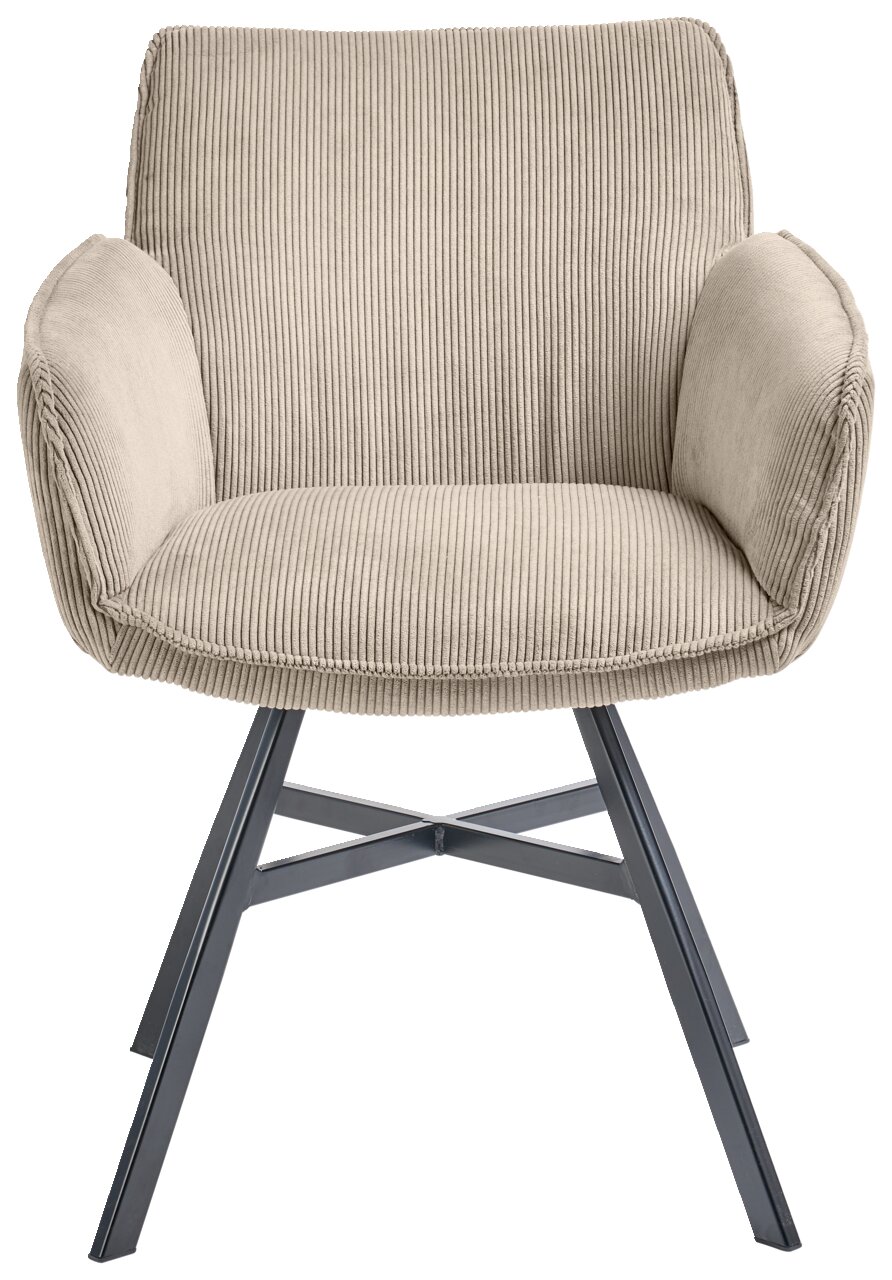 Set one by Musterring Armlehnstuhl SET ONE FRISCO Beiger Armlehnstuhl mit geripptem Stoffbezug und schwarzen Metallbeinen, Frontalansicht.