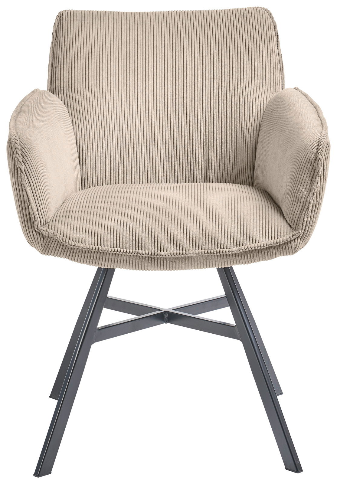 Beiger Armlehnstuhl mit geripptem Stoffbezug und schwarzen Metallbeinen, Frontalansicht.