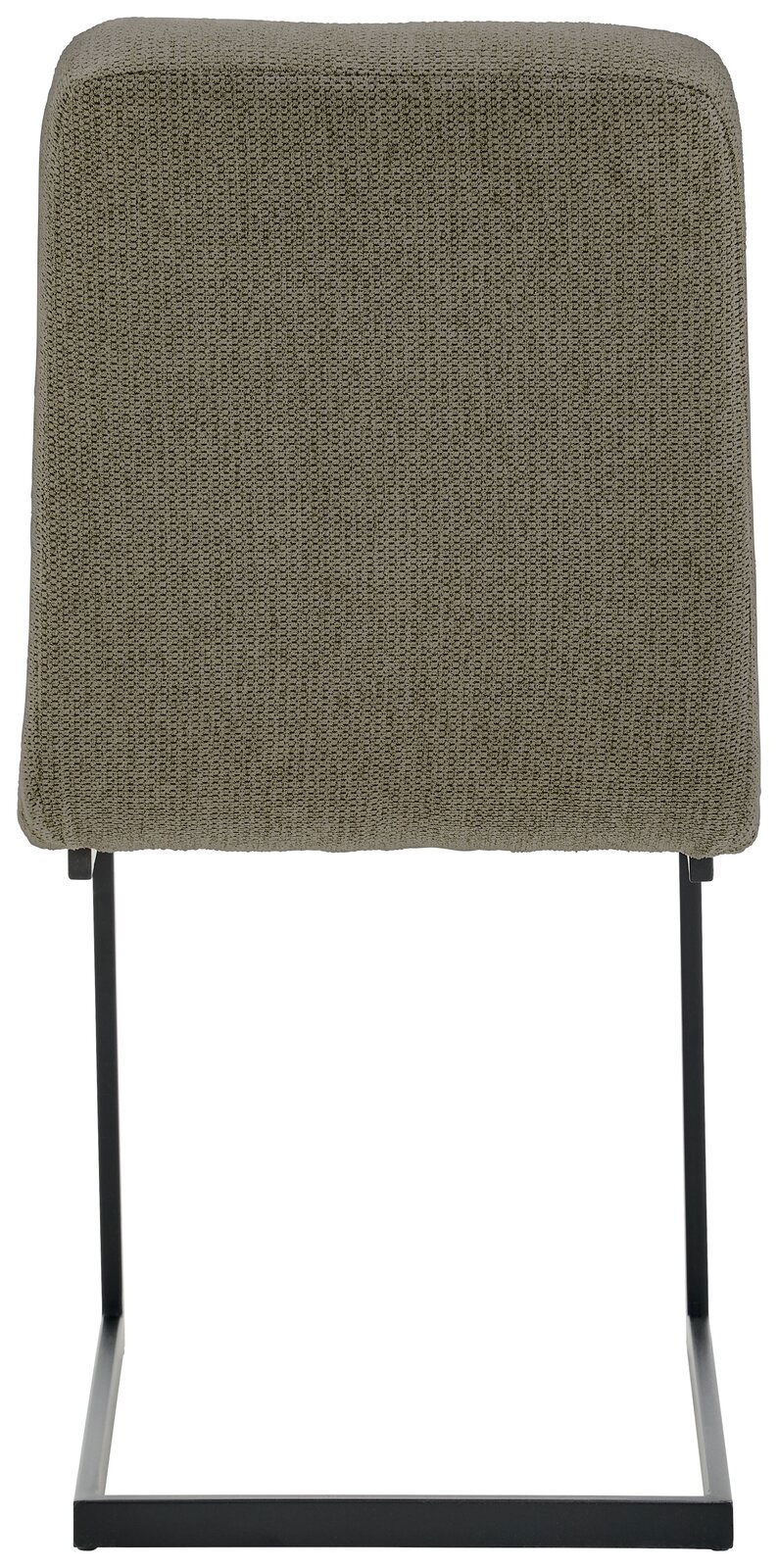 Rückansicht eines Schwingstuhls mit olivgrünem Stoffbezug und schwarzem Metallgestell.