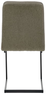 Rückansicht eines Schwingstuhls mit olivgrünem Stoffbezug und schwarzem Metallgestell.