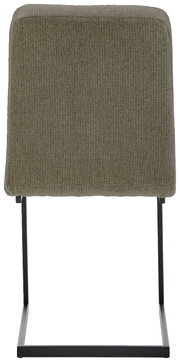 Achterkant van een schommelstoel met olijfgroene stoffen bekleding en een zwart metalen frame.