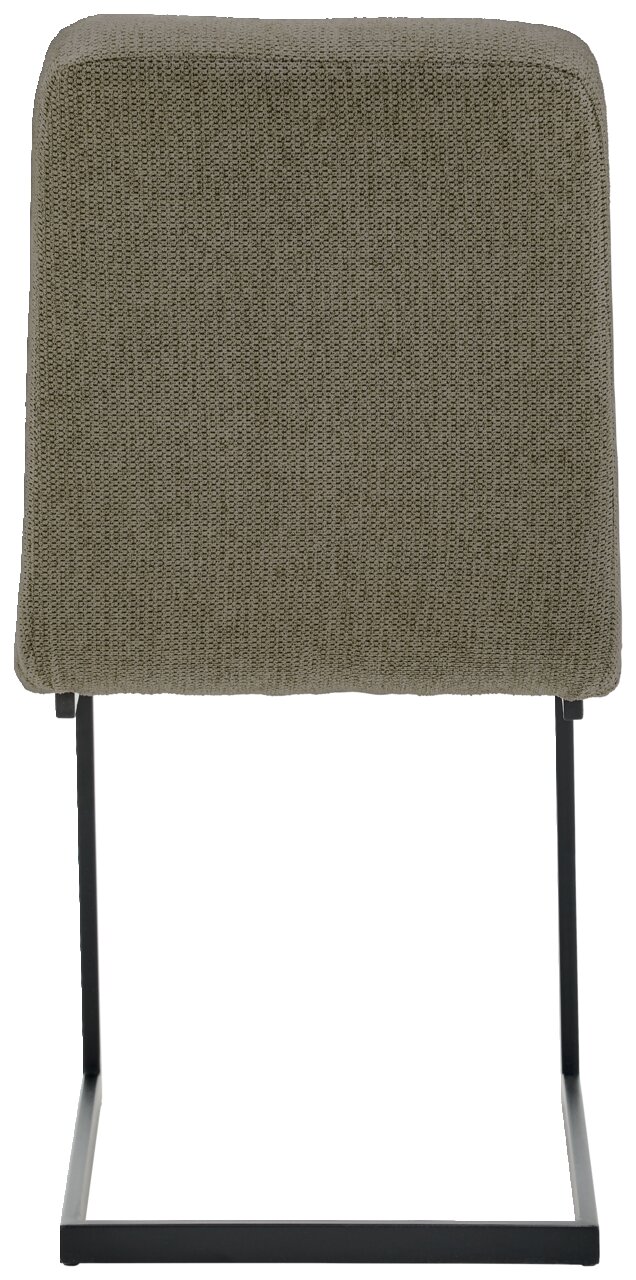 Achterkant van een schommelstoel met olijfgroene stoffen bekleding en een zwart metalen frame.