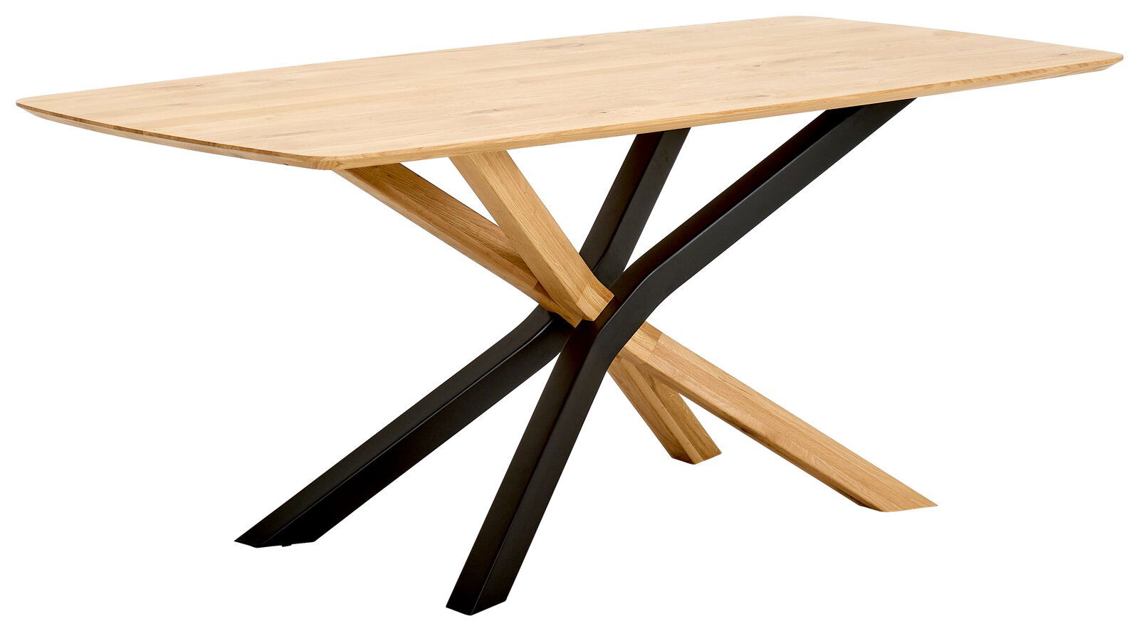 Moderner Esstisch mit Holzplatte und gekreuztem Metallgestell, seitliche Perspektive