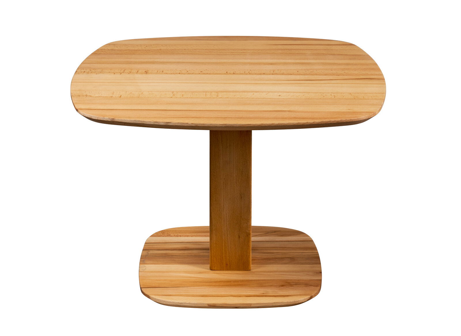 Moderner Couchtisch aus Holz mit quadratischer Tischplatte und stabiler Basis, seitliche Perspektive