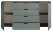 Frontansicht eines XL-Sideboards mit offenen Türen und Schubladen, graue Farbe, modernes Design.
