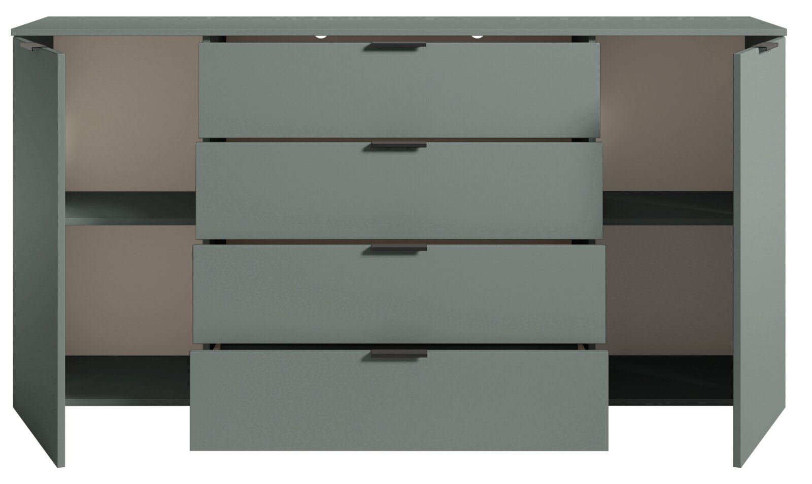 Frontansicht eines XL-Sideboards mit offenen Türen und Schubladen, graue Farbe, modernes Design.