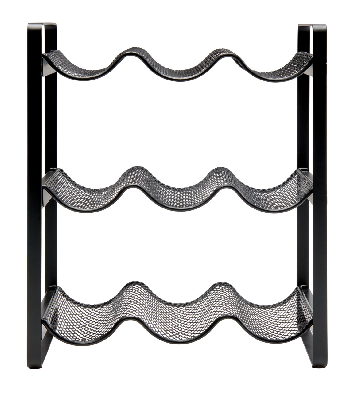 Flaschenregal aus Metall mit drei wellenförmigen Ablagen, frontal betrachtet.