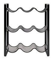 Flaschenregal aus Metall mit drei wellenförmigen Ablagen, frontal betrachtet.