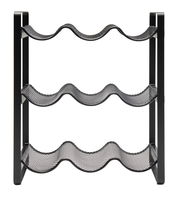 Flaschenregal aus Metall mit drei wellenförmigen Ablagen, frontal betrachtet.