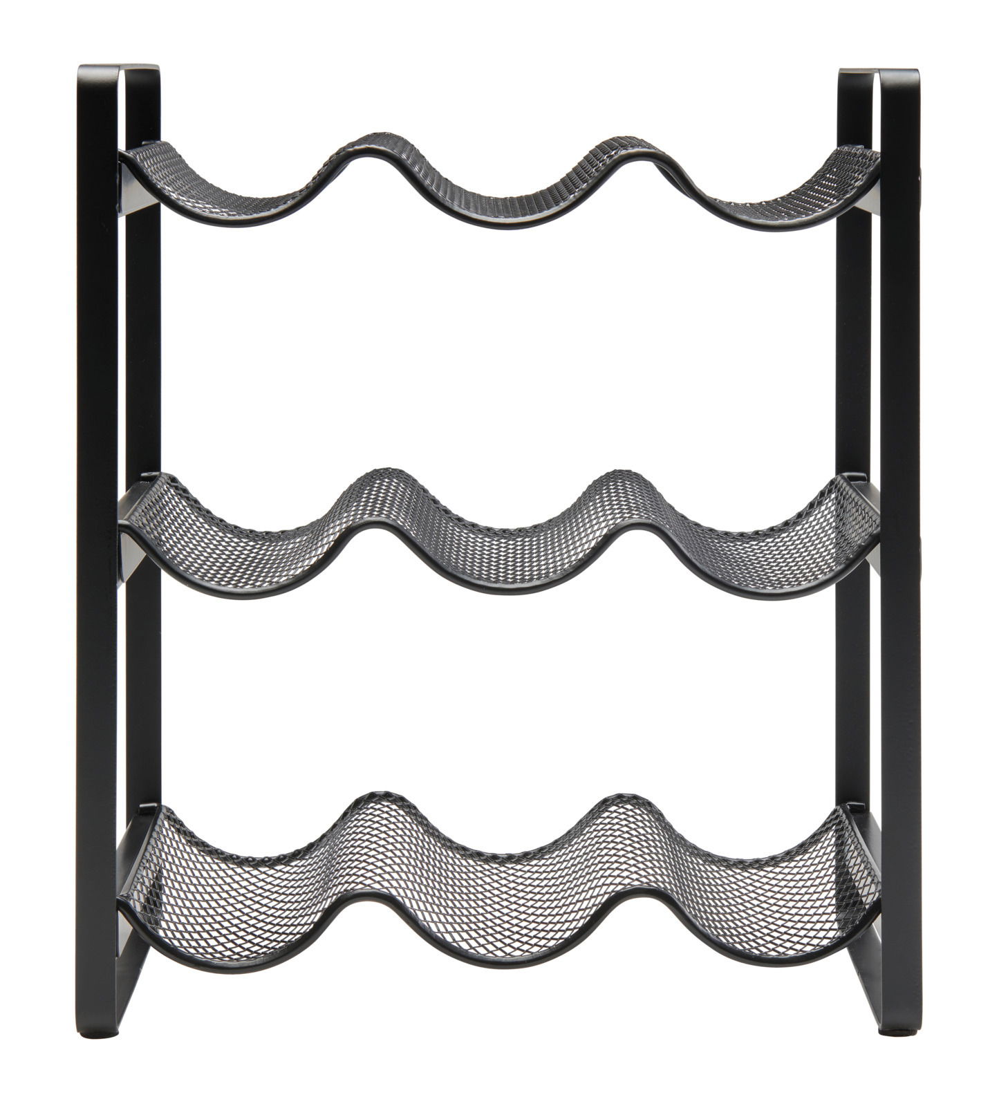 Flaschenregal aus Metall mit drei wellenförmigen Ablagen, frontal betrachtet.