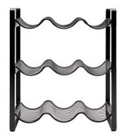 Metalen flessenrek met drie golvende planken, gezien vanaf de voorkant.