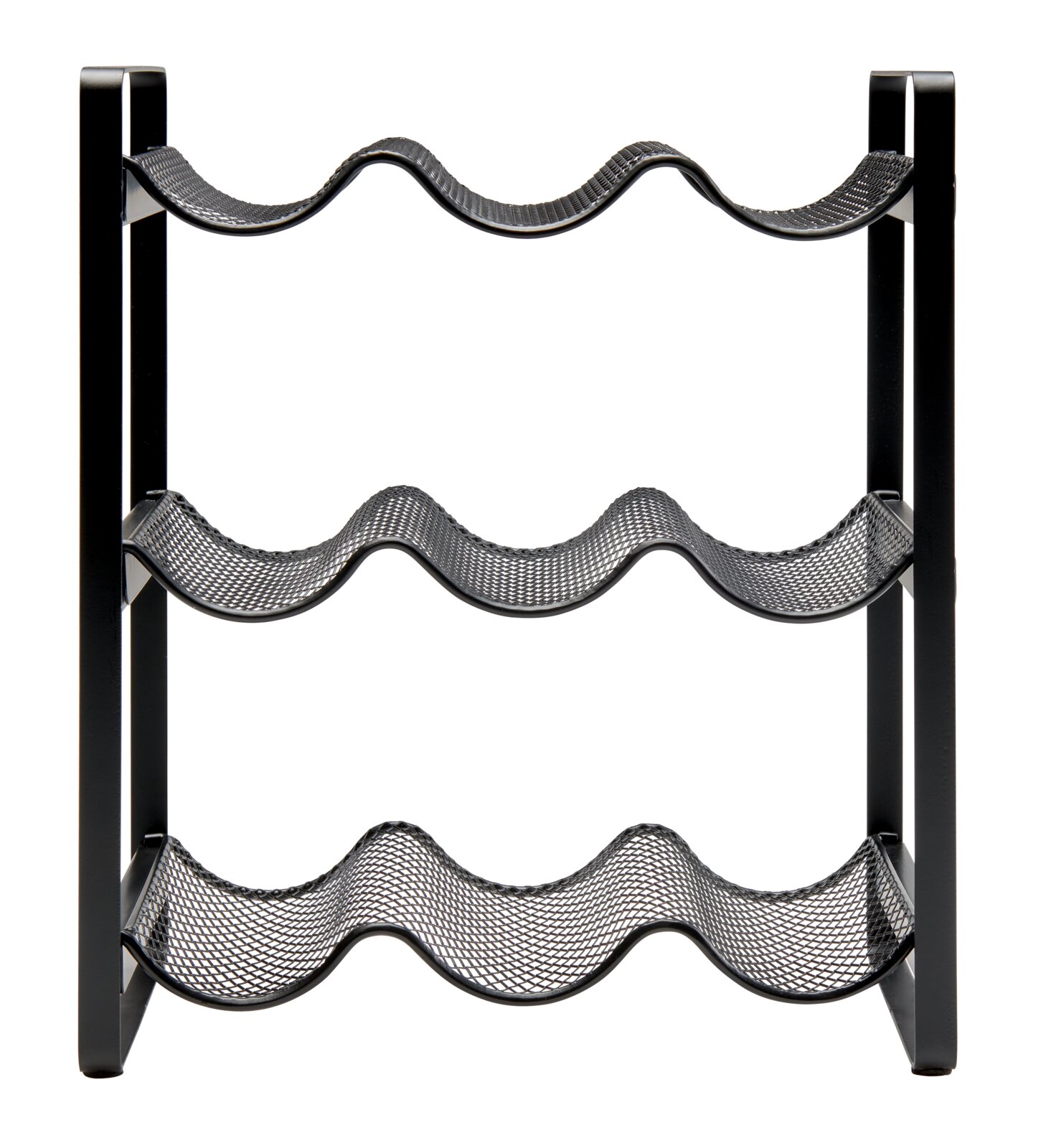 Metalen flessenrek met drie golvende planken, gezien vanaf de voorkant.