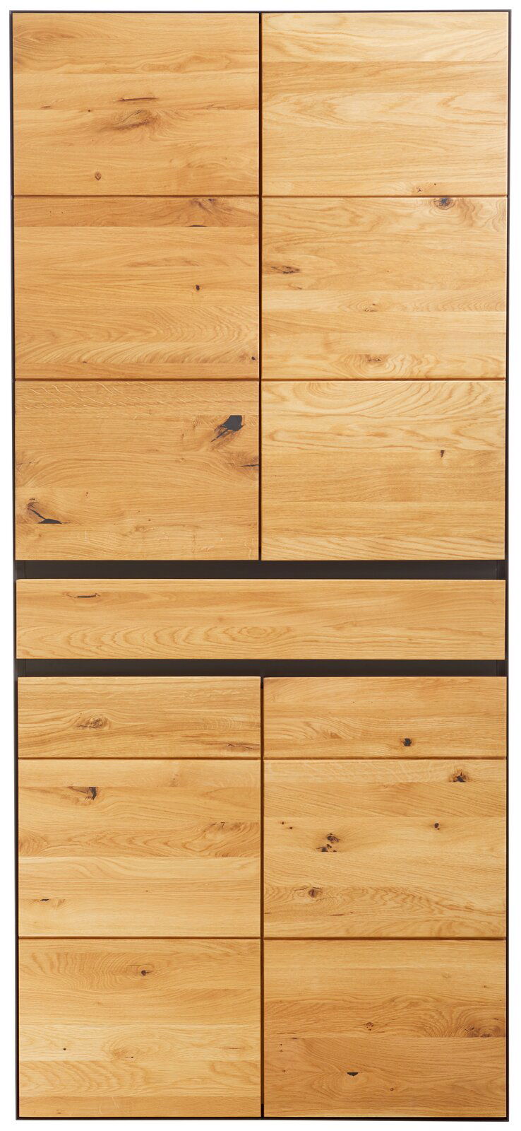 Frontansicht eines großen Schuhschranks aus hellem Holz mit mehreren Türen und natürlicher Holzmaserung.