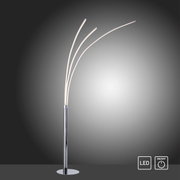 Moderne Stehleuchte aus Chrom mit drei geschwungenen LED-Lichtarmen, seitliche Perspektive