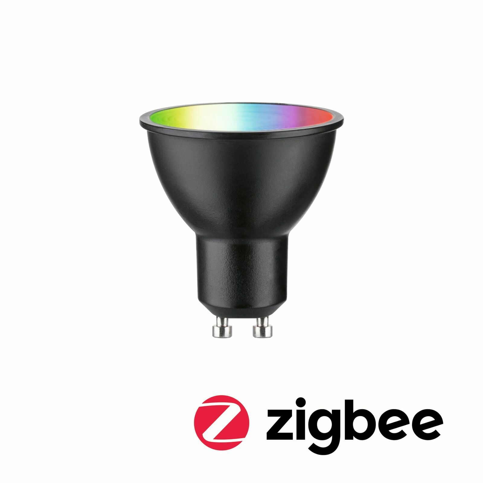 Schwarzes LED Leuchtmittel mit GU10-Sockel, Ansicht von vorne, mit Zigbee-Logo