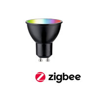 Schwarzes LED Leuchtmittel mit GU10-Sockel, Ansicht von vorne, mit Zigbee-Logo