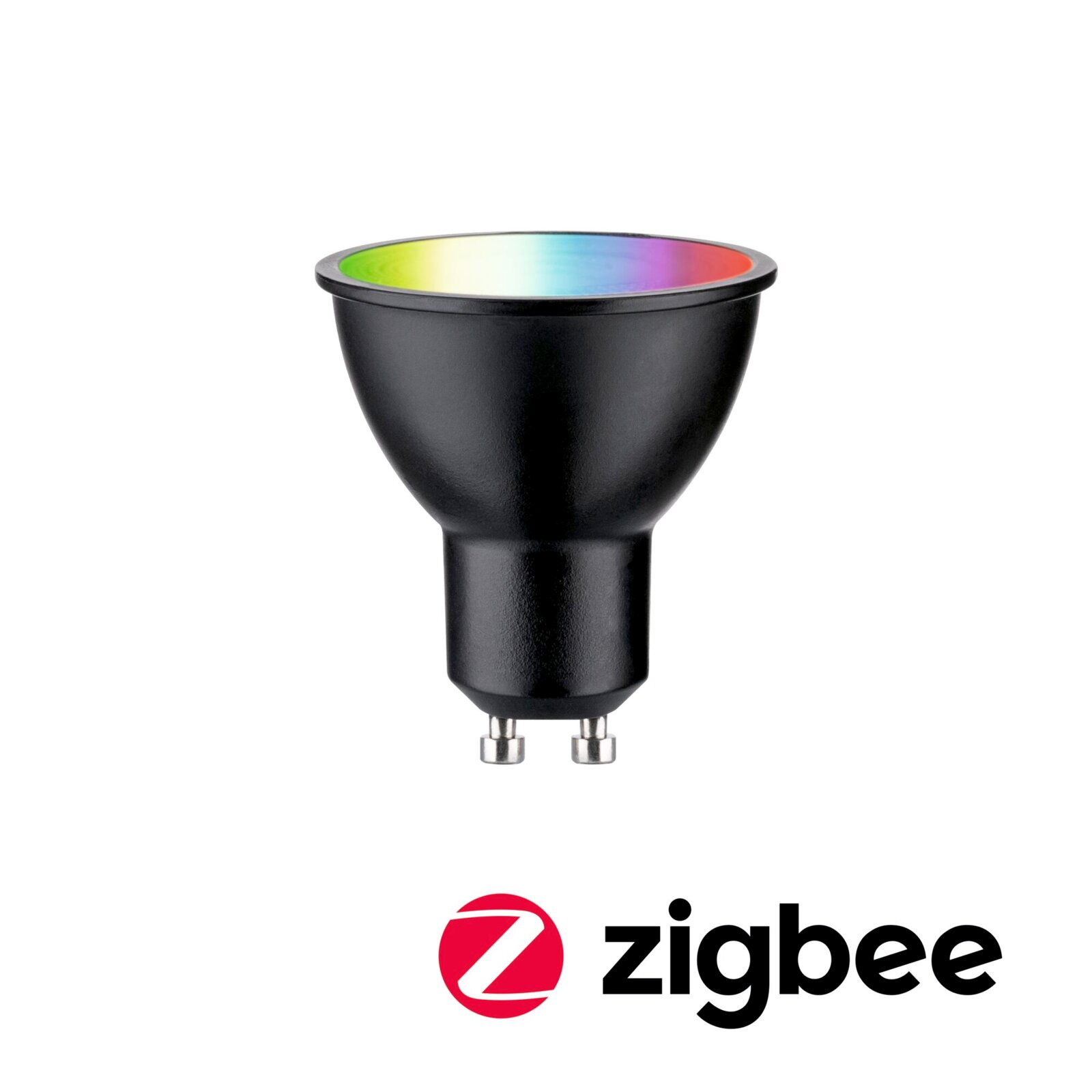 Zwarte ledlamp met GU10-fitting, vooraanzicht, met Zigbee-logo