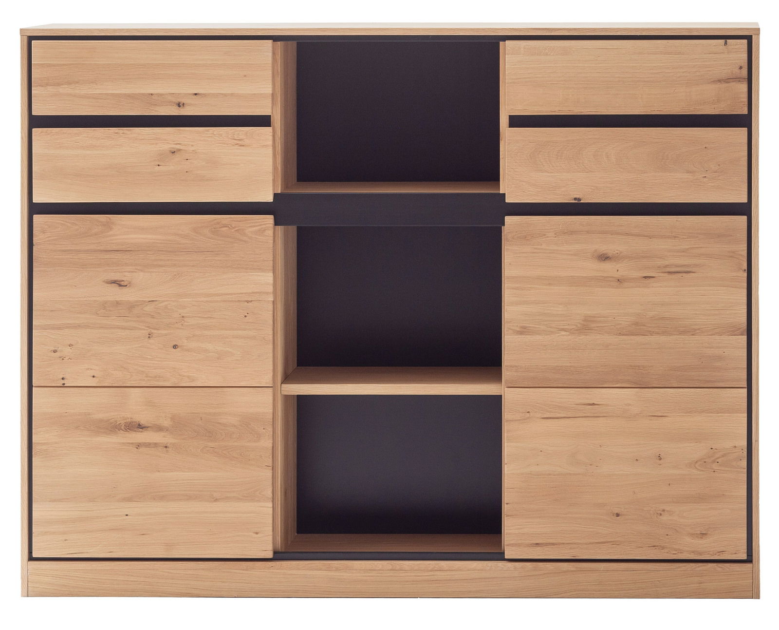 Frontale Ansicht eines modernen Bücherregals aus Holz mit offenen und geschlossenen Fächern.