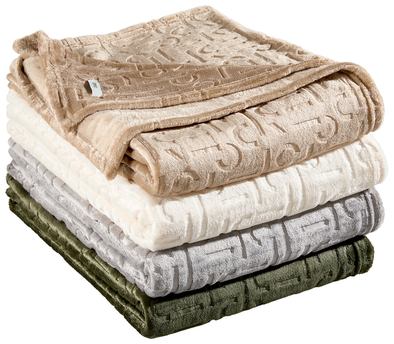 Esprit Plaid E-SCATTER Stapel von vier Plaids in verschiedenen Farben, von oben nach unten: beige, weiß, grau und grün, mit eingeprägtem Muster, seitliche Perspektive